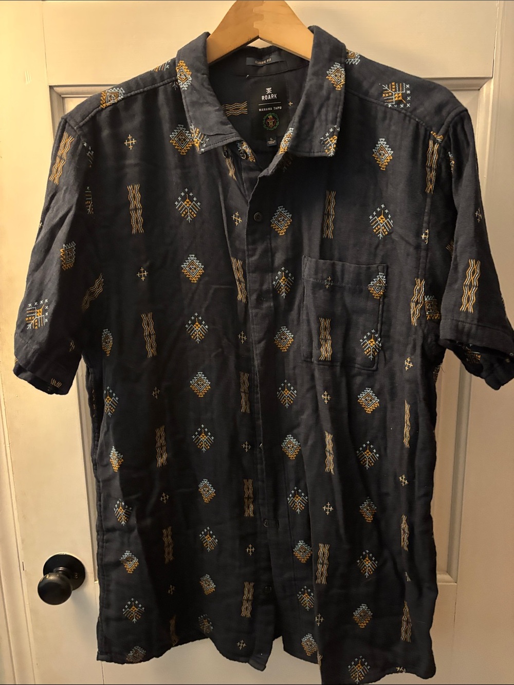 Roark Navy Short-Sleeve Button-Up Shirt with Geo Motif